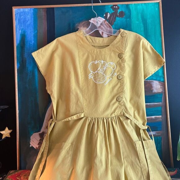 Vintage Boho Prairie Yellow Mustard Midi Dress with Fruit Healthy Life Logo M - Picture 11 of 16